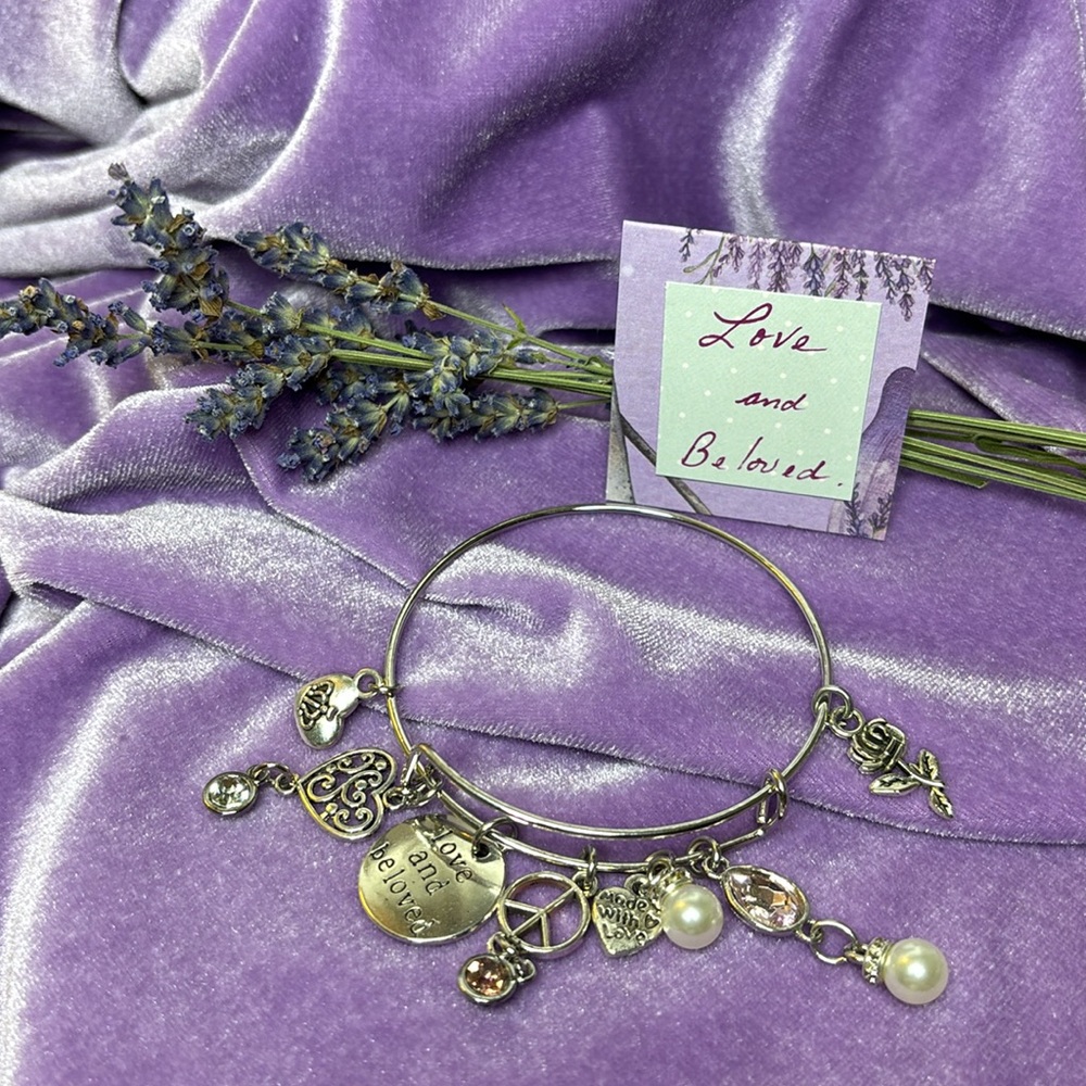 “Love a Beloved” Charm Bracelet with Heart and Peace Symbols.